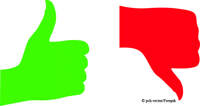 Description des pictogrammes : une main fermée, pouce en haut, colorée en vert ; une main fermée, pouce en bas, colorée en rouge.