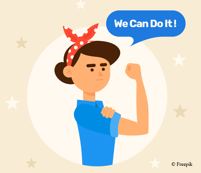Description des pictogrammes : un personnage montrant sa détermination en contractant un biceps. Une bulle : « We can do it! ». Le second pictogramme est identique mais barré d’une croix rouge.