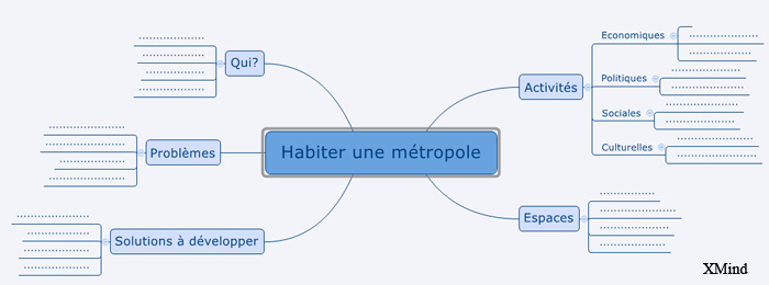 Carte heuristique à compléter. Au centre « Habiter une métropole », 5 branches : Qui ? ; Problèmes ; Solution à développer ; Espace ; Activités (branche ramifiée en items à compléter : économiques ; politiques ; sociales ; culturelles).