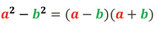 Même formule mathématique que précédemment avec les lettres a en rouge et les b en vert : a au carré moins b au carré est égal à a moins b facteur de a plus b.