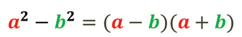 Formule mathématique : a au carré moins b au carré est égal à a moins b facteur de a plus b. Avec les lettres a en rouge et les b en vert.