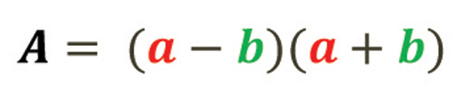 Formule mathématique : A majuscule est égal à (a moins b) facteur de (a plus b), les lettres a sont en rouge, les lettres b sont en vert.