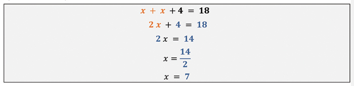 Résolution de l’équation mathématique en cinq étapes, des parties sont colorées. Première étape : x plus x plus 4 égalent 18, « x plus x » est en orange. Deuxième étape : 2 x plus 4 égalent 18, « 2 x » est en orange, 4 et 18 en bleu. Troisième étape : 2 x égalent 14, 2 et 14 sont en bleu. Quatrième étape : x égale 14 divisé par 2, 14 et 2 sont en bleu. Cinquième étape : x égale 7, 7 est en bleu.