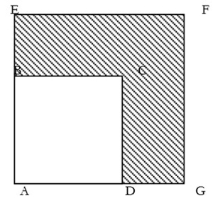 Description : figure géométrique. Complément de l’énoncé ci-après : la surface hachurée est la surface du carré AEFG moins la surface du carré ABCD.