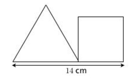 Description : la longueur totale de la base du triangle et d’un côté du carré est indiquée : 14 cm.