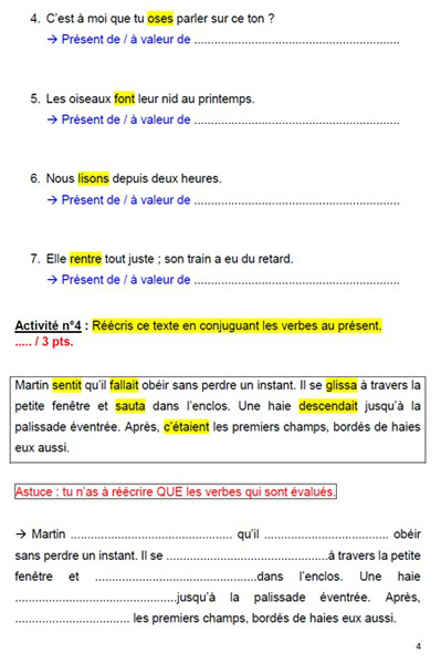 Description : fiche adaptée utilisant du surlignement pour les consignes et certains éléments (numéros de questions d’exercices [textes à trous], certains verbes dans ces questions), de la couleur rouge pour les « astuces » et pour le pronom personnel « nous » dans une des activités (astuce : « Le pronom personnel est en rouge quand il faut faire attention à l’orthographe pour que la prononciation soit correcte »), de la couleur bleue pour la plupart des verbes des textes à trous, des couleurs distinctes surlignent les verbes des premier, deuxième et troisième groupes.
