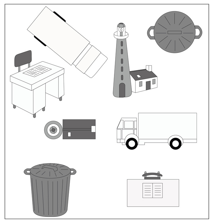 L’image est une planche d'illustrations. Des éléments sont dessinés en perspective et en vue du dessus : un bureau, une poubelle, un camion et un phare.