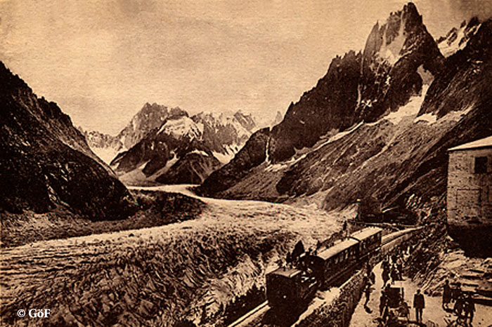 Photographie en noir et blanc montrant la Mer de glace, vue du Montanvert en 1916