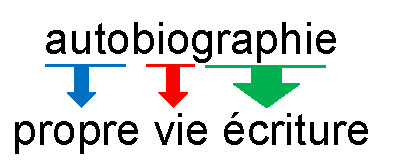 L’image est une image textuelle. Décomposition du mot « autobiographie » : auto (flèche bleue) propre ; bio (flèche rouge) vie ; graphie (flèche verte) écriture.