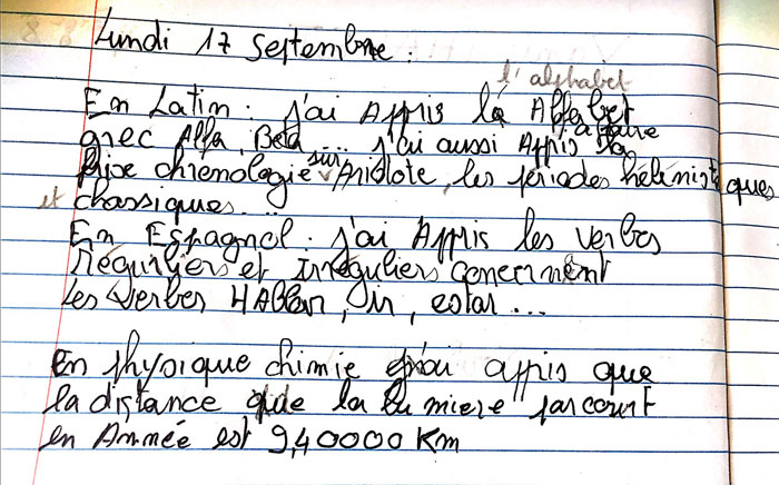 Un autre exemple : une date suivie d’un texte «En latin: j’ai appris… En espagnol: j’ai appris… En physique chimie j’ai appris...»