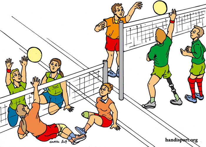 L’image est un dessin représentant deux matchs de volley-ball sur des terrains voisins. Sur le premier terrain, un des joueurs est équipé d’une prothèse de jambe. Sur le second terrain, le filet est abaissé, les joueurs sont assis, un des joueurs a une jambe amputée sans prothèse.