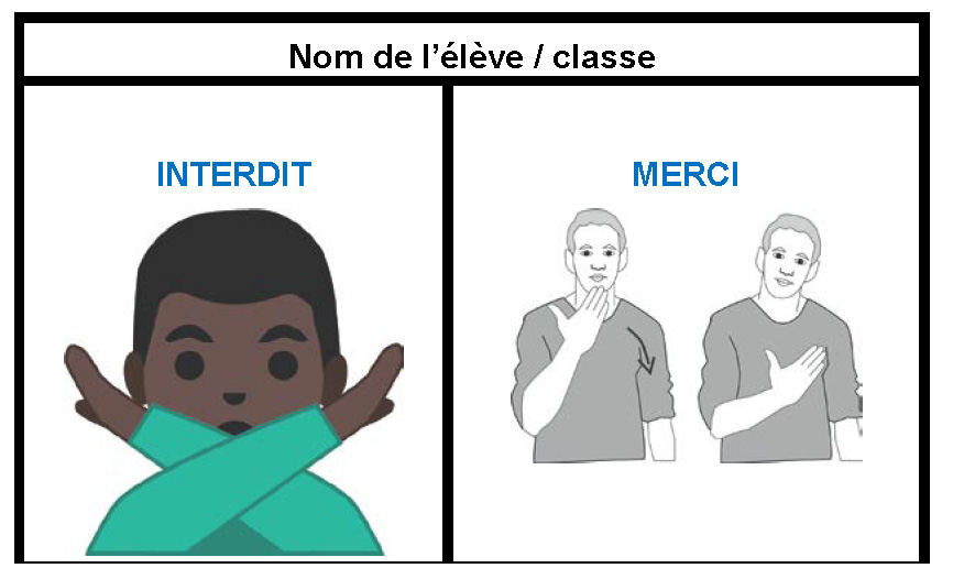 Carte. En haut : «Nom de l'élève / classe». La carte est divisée en deux parties : «INTERDIT» associé à un dessin d'un personnage les bras levés et croisés, formant un X devant son visage ; «MERCI» associé à un personnage faisant le signe «merci» en langue des signes française.