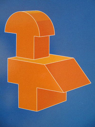 L’image montre un modèle formé de quatre volumes distincts empilés dans l’ordre suivant : parallélépipède rectangle, parallélépipède trapèze, cube et demi-cylindre.