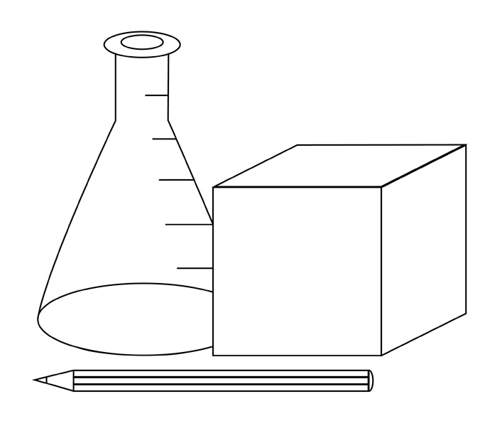 L’image est un dessin représentant un bécher, un cube et un crayon.