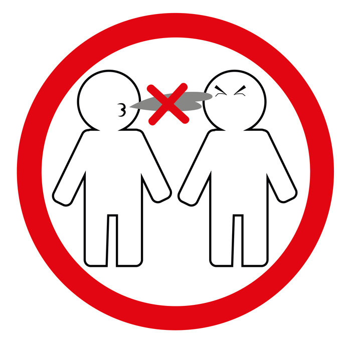 Pictogramme (cercle rouge sur fond blanc) représentant une personne crachant sur une autre. Les crachats sont barrés d’une croix rouge.