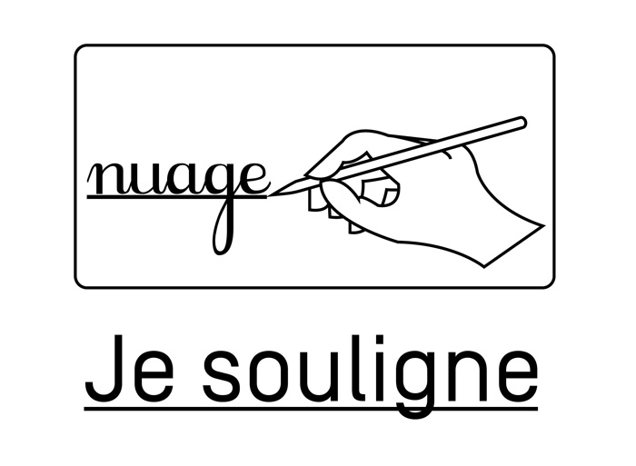 Dessin d’une main soulignant, au crayon, le mot nuage. Dessous est écrit « Je souligne », souligné.