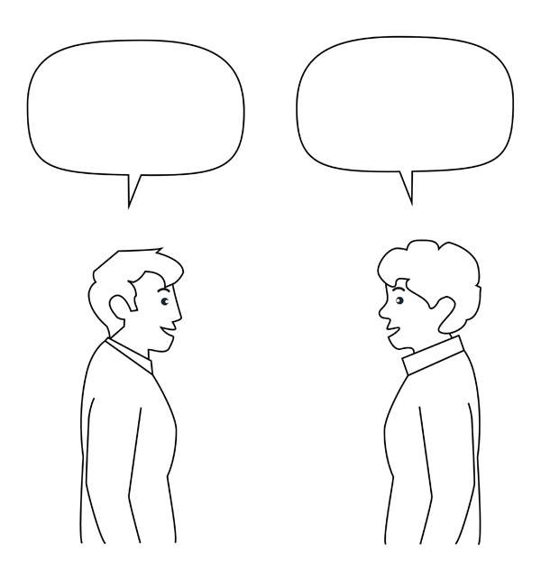 L’image représente deux hommes face à face discutant calmement : les bras le long du corps ; au-dessus de chaque personnage, une bulle vide est dessinée.