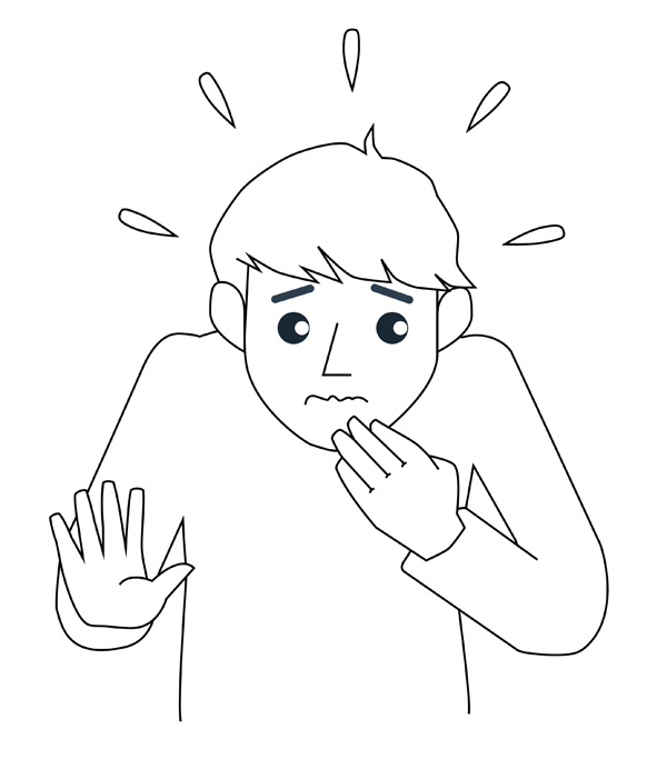 L’image représente un homme vu de face qui semble être gêné et s'excuser : sa main gauche est au niveau de sa bouche et sa main droite est ouverte et tendue devant lui ; ses lèvres sont pincées et ses sourcils relevés. Sa tête est enfoncée dans ses épaules et, au-dessus, des traits en forme de goutte d’eau sont dessinés.