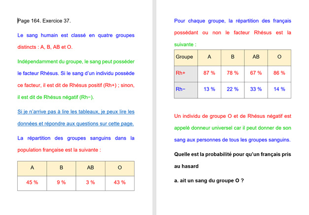 L’image représente un exercice de mathématiques adapté : les lignes de textes et des tableaux de l'énoncé sont colorés avec une alternance de bleu, rouge et vert. Le texte de la question est en noir.