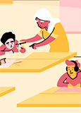 Illustration d'un élève aidé par une enseignante