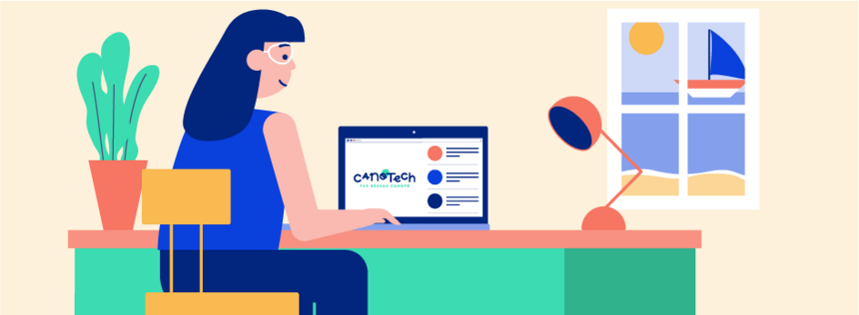 Illustration d'une femme assise devant son ordinateur qui affiche le site CanoTech. Sur le côté, une fenêtre avec la mer et un voilier.