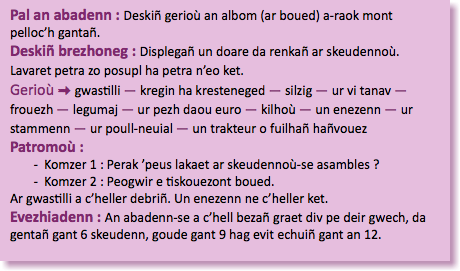 &nbsp;Pal an abadenn : Deskiñ gerioù an albom (ar boued) a-raok mont pelloc’h gantañ. Deskiñ brezhoneg : Displegañ un doare da renkañ ar skeudennoù. Lavaret petra zo posupl ha petra n’eo ket. Gerioù : gwastilli — kregin ha kresteneged — silzig — ur vi tanav — frouezh — legumaj — ur pezh daou euro — kilhoù — un enezenn — ur stammenn — ur poull-neuial — un trakteur o fuilhañ hañvouez Patromoù : Komzer 1 : Perak ’peus lakaet ar skeudennoù-se asambles ? Komzer 2 : Peogwir e tiskouezont boued. Ar gwastilli a c’heller debriñ. Un enezenn ne c’heller ket. Evezhiadenn : An abadenn-se a c’hell bezañ graet div pe deir gwech, da gentañ gant 6 skeudenn, goude gant 9 hag evit echuiñ gant an 12. 