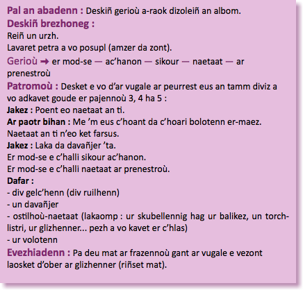&nbsp;Pal an abadenn : Deskiñ gerioù a-raok dizoleiñ an albom. Deskiñ brezhoneg :  Reiñ un urzh. Lavaret petra a vo posupl (amzer da zont). Gerioù : er mod-se — ac’hanon — sikour — naetaat — ar prenestroù Patromoù : Desket e vo d’ar vugale ar peurrest eus an tamm diviz a vo adkavet goude er pajennoù 3, 4 ha 5 : Jakez : Poent eo naetaat an ti. Ar paotr bihan : Me ’m eus c’hoant da c’hoari bolotenn er-maez. Naetaat an ti n’eo ket farsus. Jakez : Laka da davañjer ’ta. Er mod-se e c’halli sikour ac’hanon. Er mod-se e c’halli naetaat ar prenestroù. Dafar : - div gelc’henn (div ruilhenn) - un davañjer - ostilhoù-naetaat (lakaomp : ur skubellennig hag ur balikez, un torch-listri, ur glizhenner... pezh a vo kavet er c’hlas) - ur volotenn Evezhiadenn : Pa deu mat ar frazennoù gant ar vugale e vezont laosket d’ober ar glizhenner (riñset mat). 