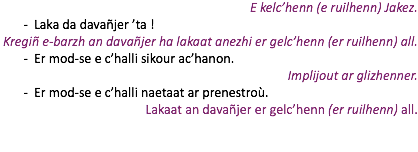 E kelc’henn (e ruilhenn) Jakez. Laka da davañjer ’ta ! Kregiñ e-barzh an davañjer ha lakaat anezhi er gelc’henn (er ruilhenn) all. Er mod-se e c’halli sikour ac’hanon. Implijout ar glizhenner. Er mod-se e c’halli naetaat ar prenestroù. Lakaat an davañjer er gelc’henn (er ruilhenn) all.