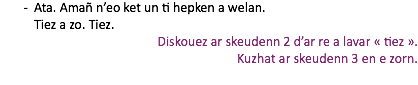 Ata. Amañ n’eo ket un ti hepken a welan. Tiez a zo. Tiez. Diskouez ar skeudenn 2 d’ar re a lavar « tiez ». Kuzhat ar skeudenn 3 en e zorn. 