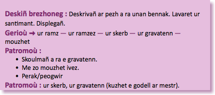 &nbsp;Deskiñ brezhoneg : Deskrivañ ar pezh a ra unan bennak. Lavaret ur santimant. Displegañ. Gerioù : ur ramz — ur ramzez — ur skerb — ur gravatenn — mouzhet Patromoù : Skoulmañ a ra e gravatenn. Me zo mouzhet ivez. Perak/peogwir Patromoù : ur skerb, ur gravatenn (kuzhet e godell ar mestr).