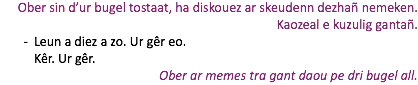 Ober sin d’ur bugel tostaat, ha diskouez ar skeudenn dezhañ nemeken. Kaozeal e kuzulig gantañ. Leun a diez a zo. Ur gêr eo. Kêr. Ur gêr. Ober ar memes tra gant daou pe dri bugel all.