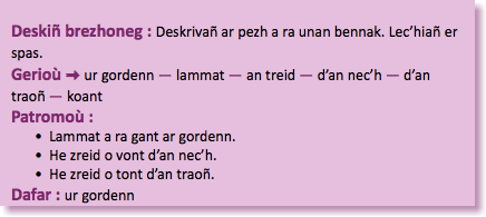 &nbsp;Deskiñ brezhoneg : Deskrivañ ar pezh a ra unan bennak. Lec’hiañ er spas. Gerioù : ur gordenn — lammat — an treid — d’an nec’h — d’an traoñ — koant Patromoù : Lammat a ra gant ar gordenn. He zreid o vont d’an nec’h. He zreid o tont d’an traoñ. Dafar : ur gordenn