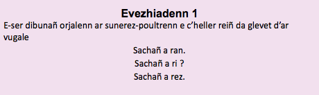 Evezhiadenn 1 E-ser dibunañ orjalenn ar sunerez-poultrenn e c’heller reiñ da glevet d’ar vugale Sachañ a ran. Sachañ a ri ? Sachañ a rez. 