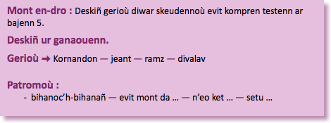 &nbsp;Mont en-dro : Deskiñ gerioù diwar skeudennoù evit kompren testenn ar bajenn 5. Deskiñ ur ganaouenn. Gerioù : Kornandon — jeant — ramz — divalav Patromoù : bihanoc’h-bihanañ — evit mont da … — n’eo ket … — setu … 