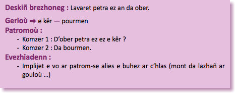 &nbsp;Deskiñ brezhoneg : Lavaret petra ez an da ober. Gerioù : e kêr — pourmen Patromoù : Komzer 1 : D’ober petra ez ez e kêr ? Komzer 2 : Da bourmen. Evezhiadenn : Implijet e vo ar patrom-se alies e buhez ar c’hlas (mont da lazhañ ar gouloù …) 