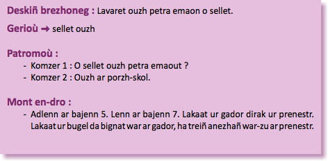 &nbsp;Deskiñ brezhoneg : Lavaret ouzh petra emaon o sellet. Gerioù : sellet ouzh Patromoù : Komzer 1 : O sellet ouzh petra emaout ? Komzer 2 : Ouzh ar porzh-skol. Mont en-dro : Adlenn ar bajenn 5. Lenn ar bajenn 7. Lakaat ur gador dirak ur prenestr. Lakaat ur bugel da bignat war ar gador, ha treiñ anezhañ war-zu ar prenestr. 