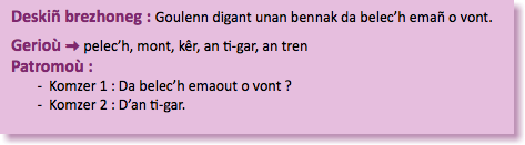 &nbsp;Deskiñ brezhoneg : Goulenn digant unan bennak da belec’h emañ o vont. Gerioù : pelec’h, mont, kêr, an ti-gar, an tren Patromoù : Komzer 1 : Da belec’h emaout o vont ? Komzer 2 : D’an ti-gar. 
