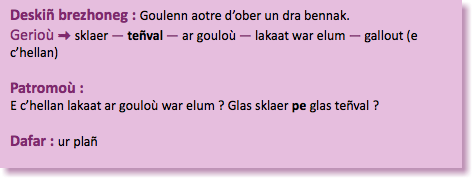 &nbsp;Deskiñ brezhoneg : Goulenn aotre d’ober un dra bennak. Gerioù : sklaer — teñval — ar gouloù — lakaat war elum — gallout (e c’hellan) Patromoù : E c’hellan lakaat ar gouloù war elum ? Glas sklaer pe glas teñval ? Dafar : ur plañ 