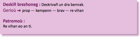 &nbsp;Deskiñ brezhoneg : Deskrivañ un dra bennak. Gerioù : prop — kempenn — brav — re vihan Patromoù : Re vihan eo an ti. 