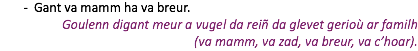 Gant va mamm ha va breur. Goulenn digant meur a vugel da reiñ da glevet gerioù ar familh (va mamm, va zad, va breur, va c’hoar).