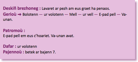 &nbsp;Deskiñ brezhoneg : Lavaret ar pezh am eus graet ha penaos. Gerioù : Bolotenn — ur volotenn — Mell — ur vell — E-pad pell — Va-unan. Patromoù : E-pad pell em eus c’hoariet. Va-unan avat. Dafar : ur volotenn Pajennoù : betek ar bajenn 7.