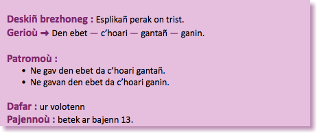 &nbsp;Deskiñ brezhoneg : Esplikañ perak on trist. Gerioù : Den ebet — c’hoari — gantañ — ganin. Patromoù : Ne gav den ebet da c’hoari gantañ. Ne gavan den ebet da c’hoari ganin. Dafar : ur volotenn Pajennoù : betek ar bajenn 13.