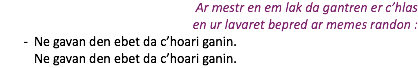 Ar mestr en em lak da gantren er c’hlas en ur lavaret bepred ar memes randon : Ne gavan den ebet da c’hoari ganin. Ne gavan den ebet da c’hoari ganin.
