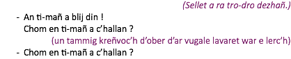 (Sellet a ra tro-dro dezhañ.) An ti-mañ a blij din ! Chom en ti-mañ a c’hallan ? (un tammig kreñvoc’h d’ober d’ar vugale lavaret war e lerc’h) Chom en ti-mañ a c’hallan ?