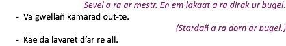 Sevel a ra ar mestr. En em lakaat a ra dirak ur bugel. Va gwellañ kamarad out-te. (Stardañ a ra dorn ar bugel.) Kae da lavaret d’ar re all.