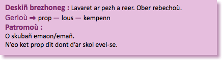 &nbsp;Deskiñ brezhoneg : Lavaret ar pezh a reer. Ober rebechoù. Gerioù : prop — lous — kempenn Patromoù : O skubañ emaon/emañ. N’eo ket prop dit dont d’ar skol evel-se.