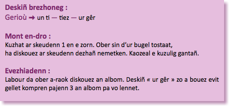 &nbsp;Deskiñ brezhoneg :  Gerioù : un ti — tiez — ur gêr Mont en-dro : Kuzhat ar skeudenn 1 en e zorn. Ober sin d’ur bugel tostaat, ha diskouez ar skeudenn dezhañ nemetken. Kaozeal e kuzulig gantañ. Evezhiadenn : Labour da ober a-raok diskouez an albom. Deskiñ « ur gêr » zo a bouez evit gellet kompren pajenn 3 an albom pa vo lennet. 